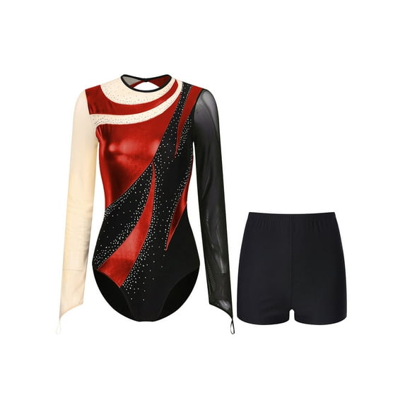 Sxiwei Gymnastics Leotards for Women Metallic Long Sleeve Dance Leotard Shiny Bodysuit with Shorts Red M