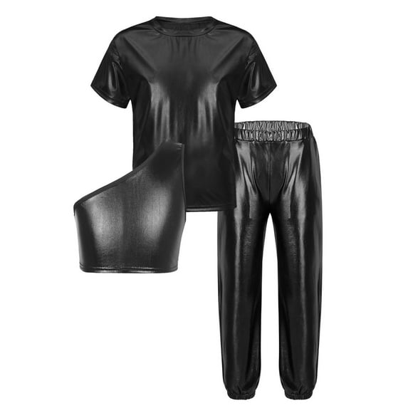 Sxiwei Kids 3 Pcs Dance Costume Outfits Shiny Metallic Jazz Modern Dance Stage Performance Dancewear Black 8