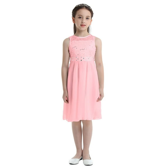 Sxiwei Kids Flower Girls Dress Sequin Lace Sleeveless Wedding Pageant Party Formal Prom Gown Pearl Pink 2