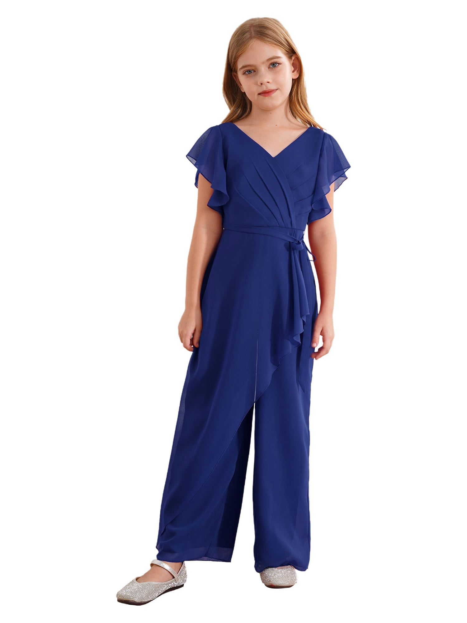 Sxiwei Kids Flower Girls Pleated Chiffon Jumpsuit V-Neck