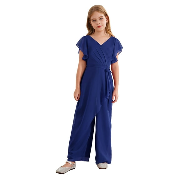 Sxiwei Kids Flower Girls Pleated Chiffon Jumpsuit V-Neck Ruffled Short Sleeve Casual Romper Long Royal Blue 8