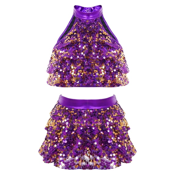 Sxiwei Kids Girls 2 Piece Dance Outfits Set Metallic Crop Top with Skirt Modern Jazz Latin Ballroom Purple 12