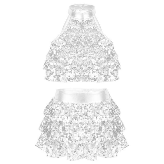 Sxiwei Kids Girls 2 Piece Dance Outfits Set Metallic Crop Top with Skirt Modern Jazz Latin Ballroom Silver 12