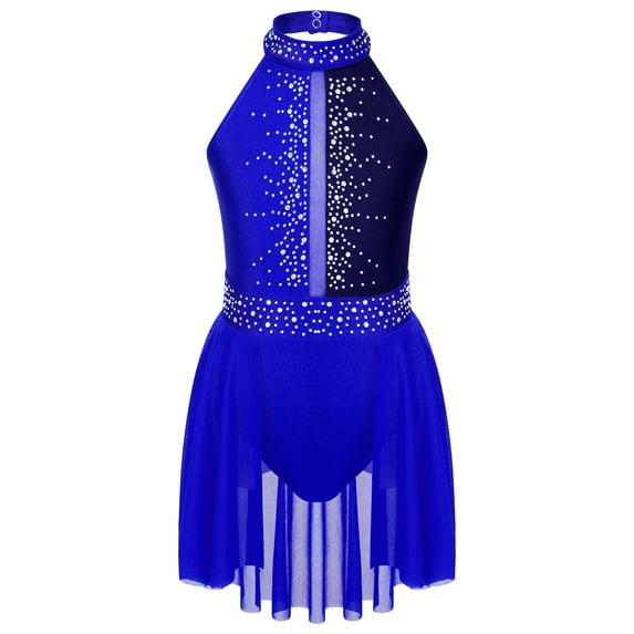Sxiwei Kids Girls Ballet Dance Leotard Dress Halter Neck Shiny Rhinestone Lyrical Modren Dance Ice Blue 10