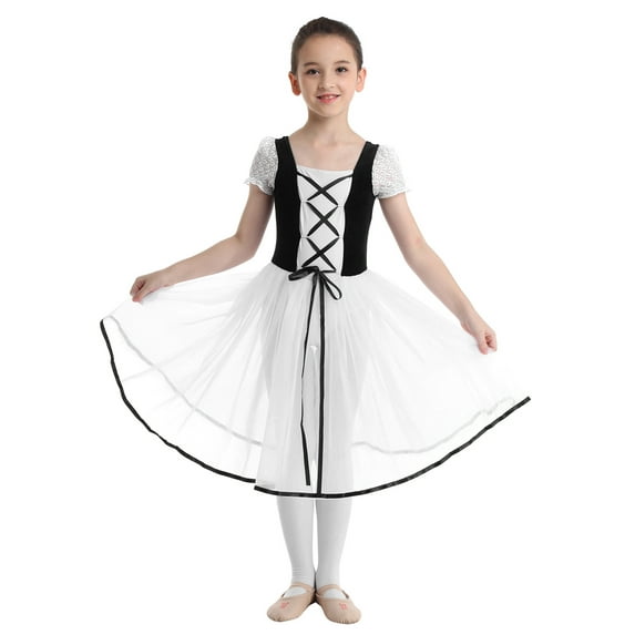 Sxiwei Kids Girls Bubble Sleeve Ballet Dance Princess Dress Tutu Skirt Gymnastics Dancewear Black 5-6