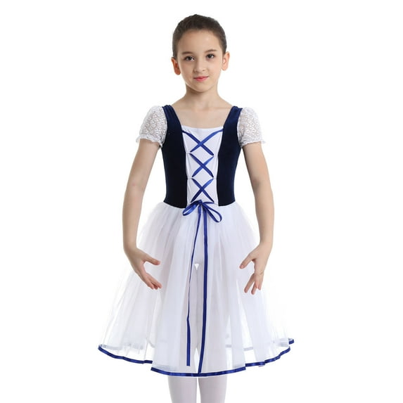 Sxiwei Kids Girls Bubble Sleeve Ballet Dance Princess Dress Tutu Skirt Gymnastics Dancewear Navy Blue 3-4