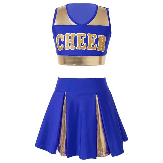 Sxiwei Kids Girls Cheer Leader Costume Cheerleading Uniform Tank Top with Pleated Skirt Halloween Blue 10