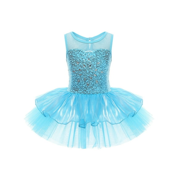 Sxiwei Kids Girls Mesh Splice Shiny Sequins Ballet Dance Tutu Dress Gymnastic Leotard Dancewear Blue 14