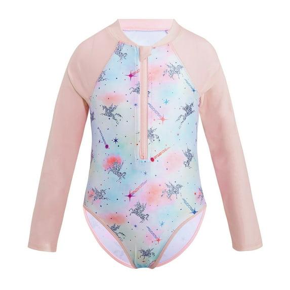 Sxiwei Kids Girls One Piece Rashguard Swimsuit Long Sleeve Zipper Sun Protective Swimwear Bathing Suit Multi Horse 8