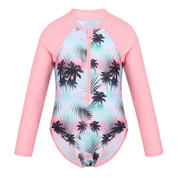 Sxiwei Kids Girls One Piece Rashguard Swimsuit Long Sleeve Zipper Sun Protective Swimwear Bathing Suit Pink 14