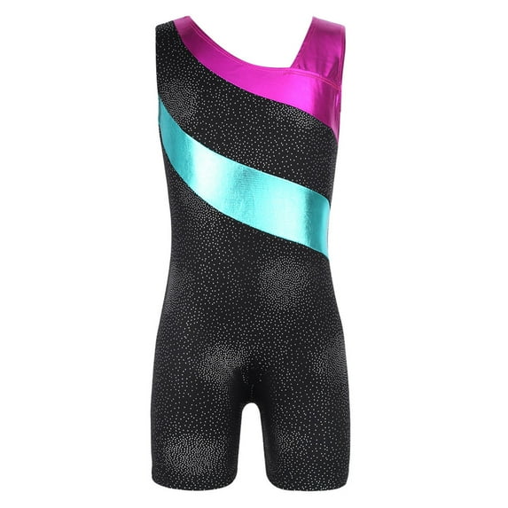 Sxiwei Kids Girls One Piece Tank Unitard Glittery Splice Athletic Leotard Ballet Dance Biketard Black XS