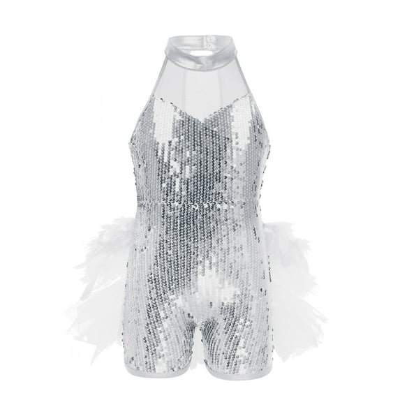 Sxiwei Kids Girls Sequins Ballet Hip-Hop Latin Jazz Dance Tutu Dress Leotard Performance Costume White 8