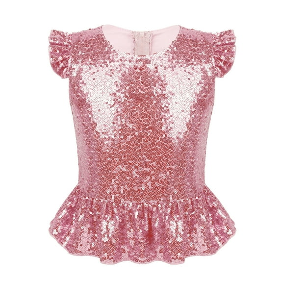 Sxiwei Kids Girls Sequins Ruffles Sleeves Tee Shirt Peplum Crop Tops Dancewear Mermaid Birthday Dress Pink 8