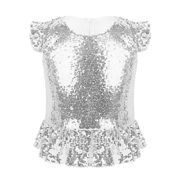 Sxiwei Kids Girls Sequins Ruffles Sleeves Tee Shirt Peplum Crop Tops Dancewear Mermaid Birthday Dress Silver 16