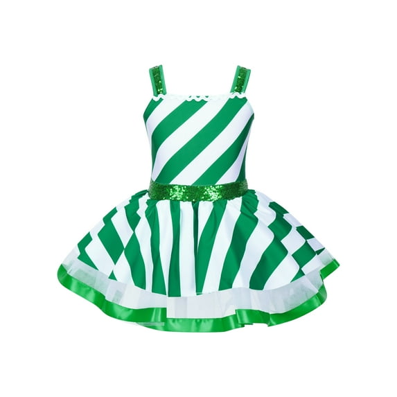 Sxiwei Kids Girls Sequins Striped Tutu Dance Dress Figure Skating Dress Christmas Party Candy Cane Green 2T