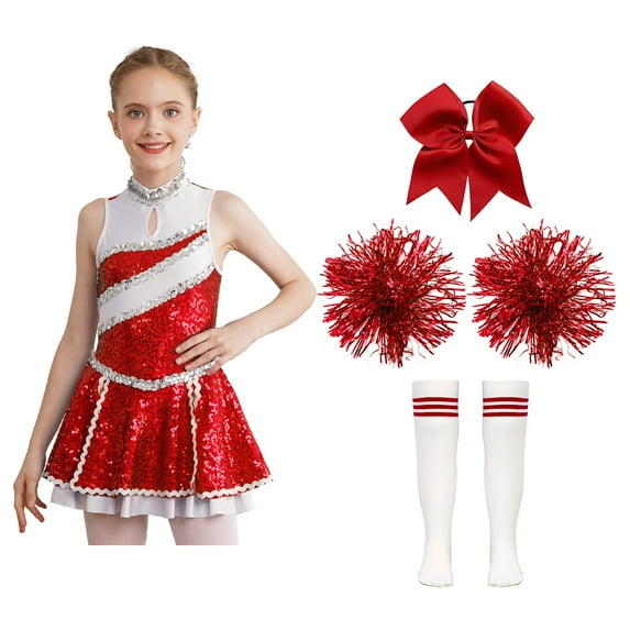 Sxiwei Kids Girls Shiny Cheerleading Dance Dress Cheer Leader Uniform for Cheer Up Dance Costume B Red 8