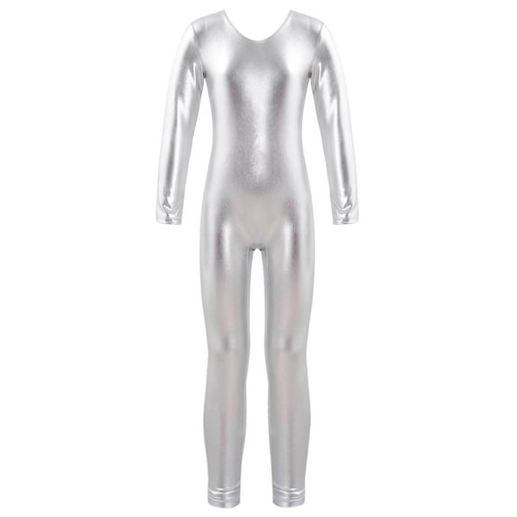 Sxiwei Kids Girls Shiny Metallic Full Length Long Sleeve Dance Jumpsuit Gymnastics Unitard Costumes Silver 6