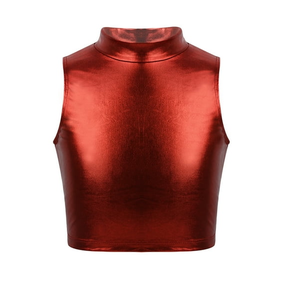 Sxiwei Kids Girls Shiny Metallic Mock Neck Dance Crop Tops Vest Hip Hop Jazz Latin Tank Tops Red 14