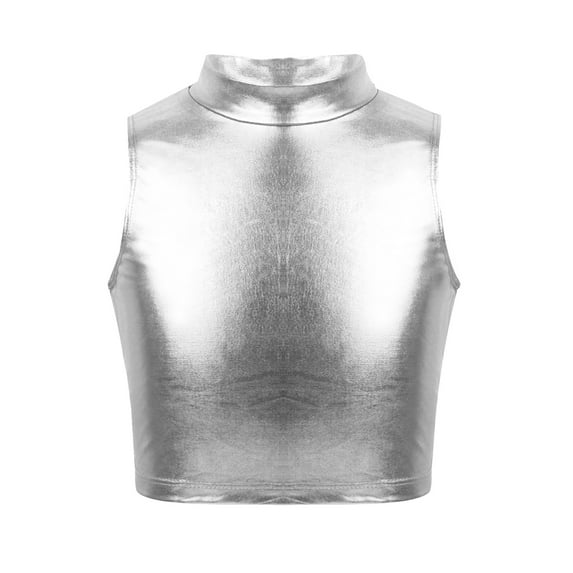 Sxiwei Kids Girls Shiny Metallic Mock Neck Dance Crop Tops Vest Hip Hop Jazz Latin Tank Tops Silver 10