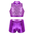thumbnail image 1 of Sxiwei Kids Girls Shiny Sequins Mock Neck Crop Top with Booty Shorts Set Gymnastics Dancewear Purple 6, 1 of 7