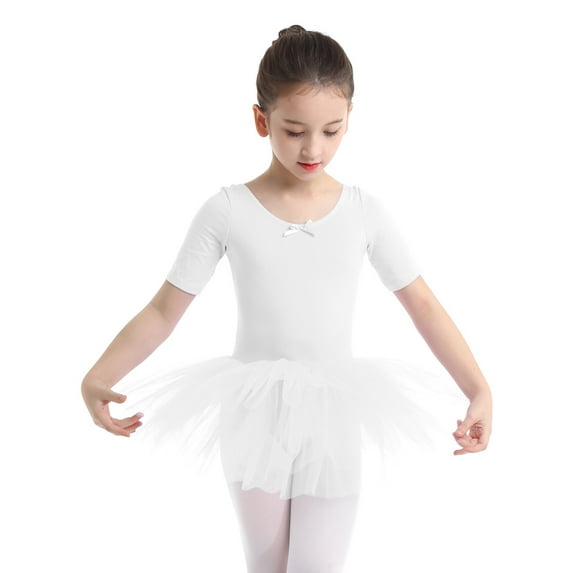 Sxiwei Kids Girls Short Sleeve Ballet Dance Dress Tutu Skirt Leotard Gymnastics Outfit Dancewear White 12-14