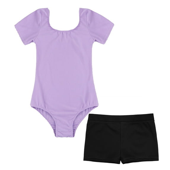 Sxiwei Kids Girls Short Sleeve Ballet Dance Gymnastics Leotards with Shorts Sports Set Athletic Lavender&Black 12