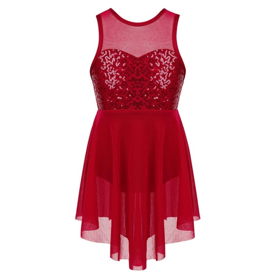 Sxiwei Kids Girls Sleeveless Shiny Sequins Lyrical Dance Dress High Low Ballet Dress Ballerina Burgundy 8