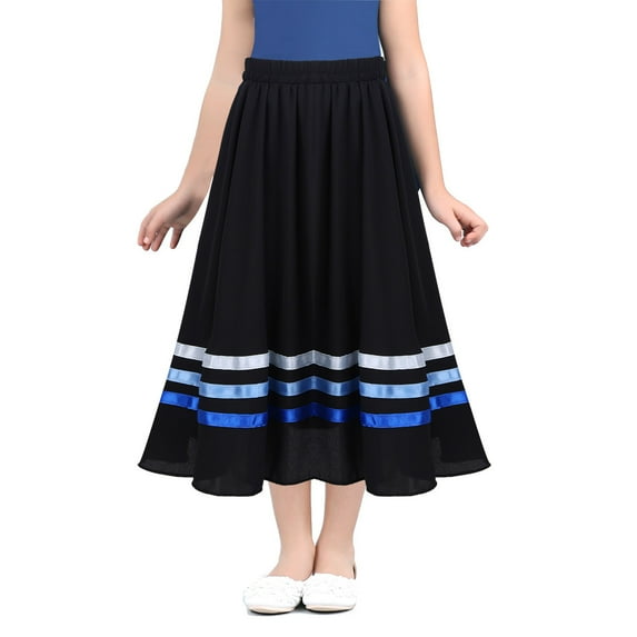 Sxiwei Kids Girls Swing Stripe Print Flamenco Dance Skirt Folklorico Ballroom Performance Dancewear Black&Blue 6