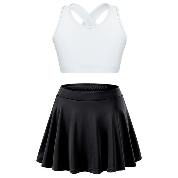 Sxiwei Kids Girls Tennis Golf Dress Outfit Sleeveless Tank Top and Skorts Sets Gym Yoga Ballet White&Black 14