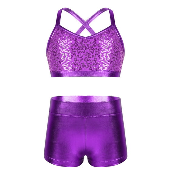 Sxiwei Kids Girls Two-Piece Sequins Sports Dance Outfit Crop Top with Shorts Gymnastics Dancing Purple 6