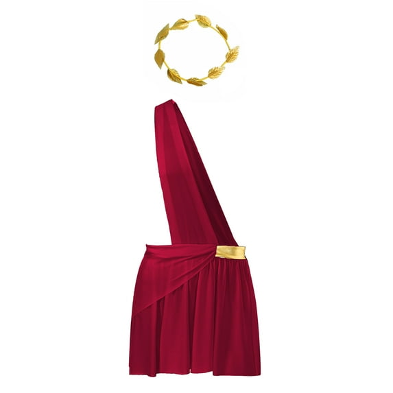 Sxiwei Men Ancient Greek Roman Toga Costume One Shoulder Strap Suspender Ruffle Skirt with Headwear Burgundy S