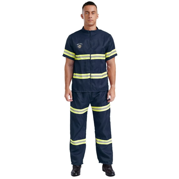 Sxiwei Men Firefighter Fireman Costume Set Reflective Stripes Workwear Adult Fancy Cosplay Outfits Navy Blue 160