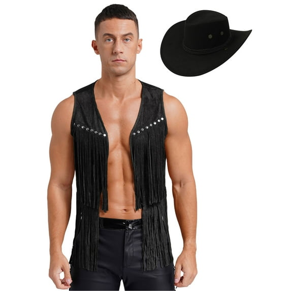 Sxiwei Men's 2 Pcs Western Outfits Cowboy Suit Open Front Tassel Vest and Hat for Western Costume Black M