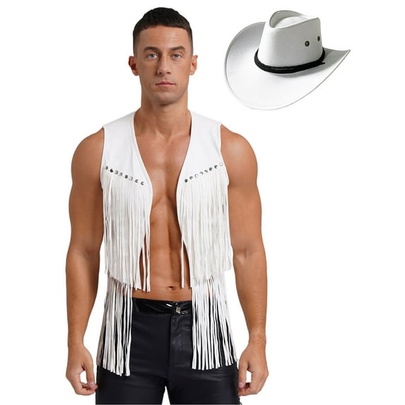 Sxiwei Men's 2 Pcs Western Outfits Cowboy Suit Open Front Tassel Vest and Hat for Western Costume White L