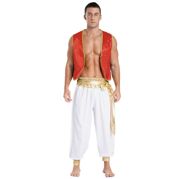 Sxiwei Men's 2Pcs Arabian Prince Cosplay Costume Outfits Fancy Vest Pants Set for Halloween Party Burgundy&White 3XL