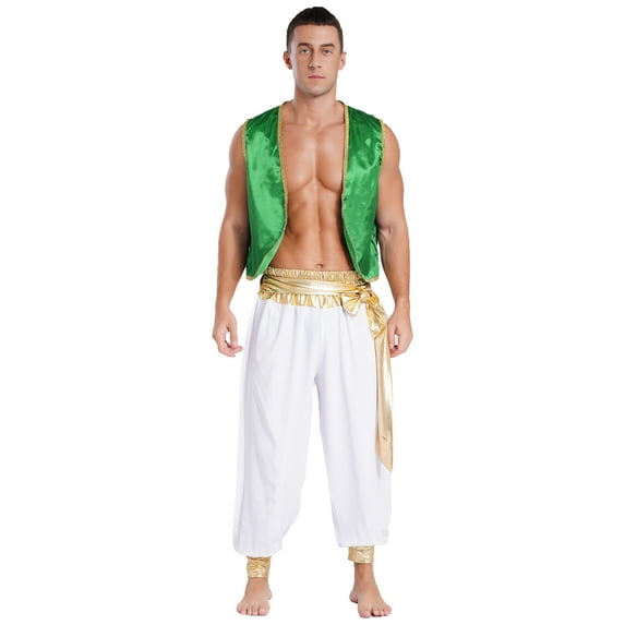 Sxiwei Men's 2Pcs Arabian Prince Cosplay Costume Outfits Fancy Vest Pants Set for Halloween Party Green&White XXL