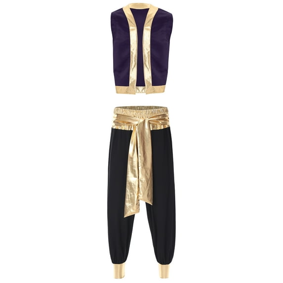 Sxiwei Men's Arabian Prince Costume Sets Metallic Trim Waistcoat with Long Pants 2 Piece Purple&Black XXL