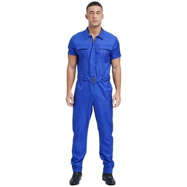 Sxiwei Men's Blend Work Coveralls Short Sleeve Jumpsuit Multiple Pockets Zipper Overalls Workwear Blue S