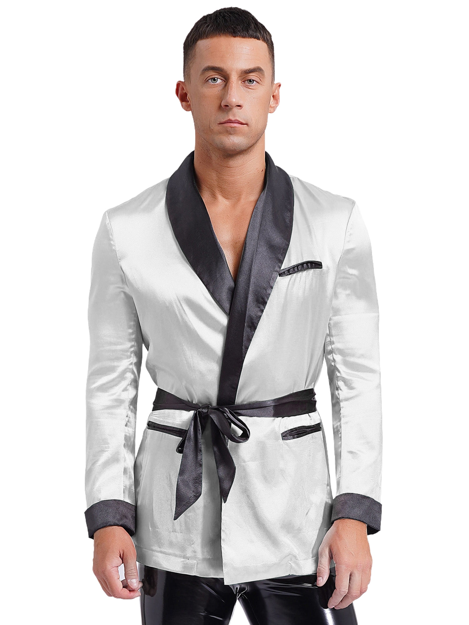 Men's Smoking Robe Sxiwei Men's Contrast Smoking Jacket Robe with Belt Silky Satin Long ...