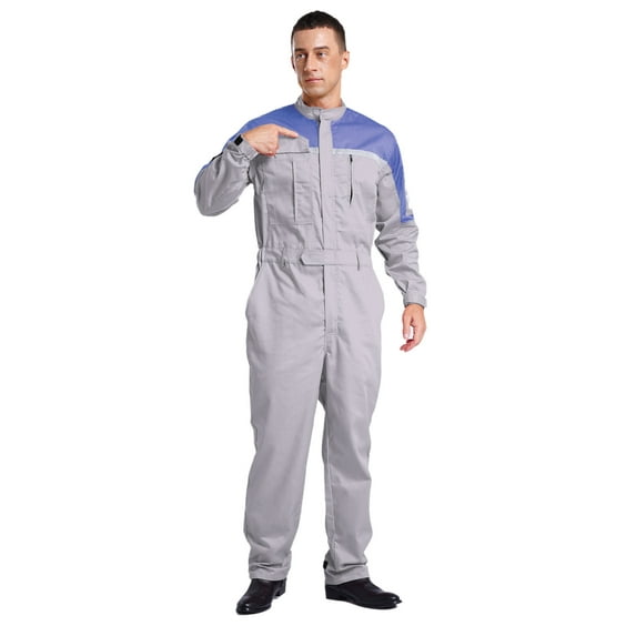 Sxiwei Men's Cotton Hi Vis Coveralls Long Sleeve Work Overalls One Piece Anti-Static Workshop Uniform Gray&Dusty Blue XL