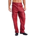 thumbnail image 1 of Sxiwei Men's Faux Leather Motorcycle Pants Multiple Pockets Straight Leg Trousers Burgundy 5XL, 1 of 6