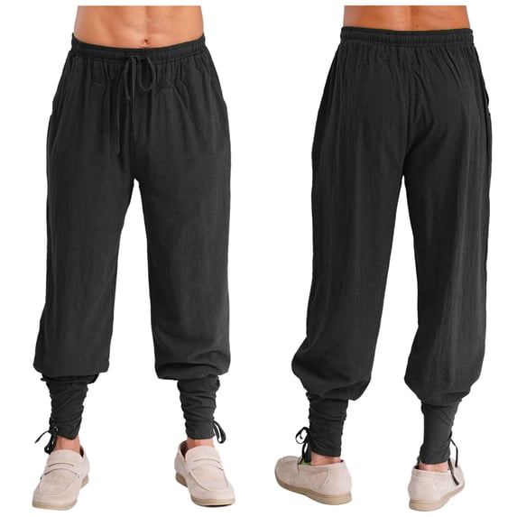 Sxiwei Men's Pirate Pants Medieval Renaissance Viking Lace Up Ankle Banded Pants Trousers Black L