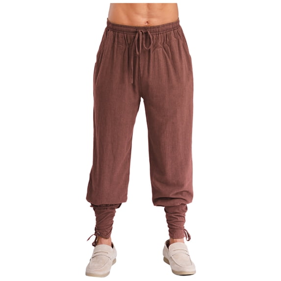 Sxiwei Men's Pirate Pants Medieval Renaissance Viking Lace Up Ankle Banded Pants Trousers Brown M
