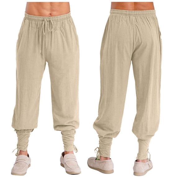Sxiwei Men's Pirate Pants Medieval Renaissance Viking Lace Up Ankle Banded Pants Trousers Champagne XL
