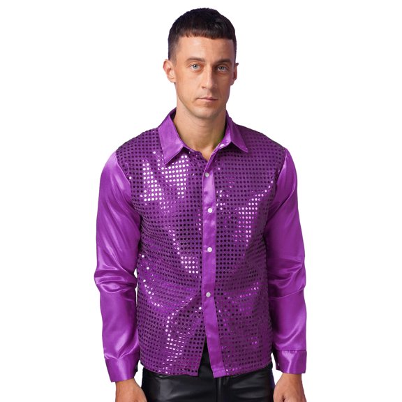 Sxiwei Men's Shiny Sequins Stain Long Sleeve T-Shirts Disco Party Clubwear Button Down Shirts Purple 170