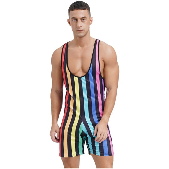 Sxiwei Men's Striped Wrestling Singlet Bodysuit Workout Sportwear Jumpsuit One Piece Swimsuit Rainbow XL