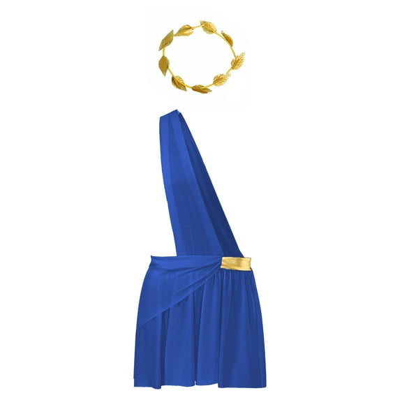 Sxiwei Mens Ancient Greek Roman Toga Costume One Shoulder Strap Suspender Ruffle Skirt with Headwear Blue L