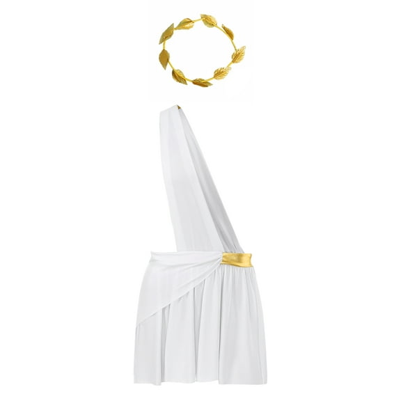 Sxiwei Mens Ancient Greek Roman Toga Costume One Shoulder Strap Suspender Ruffle Skirt with Headwear White XXL