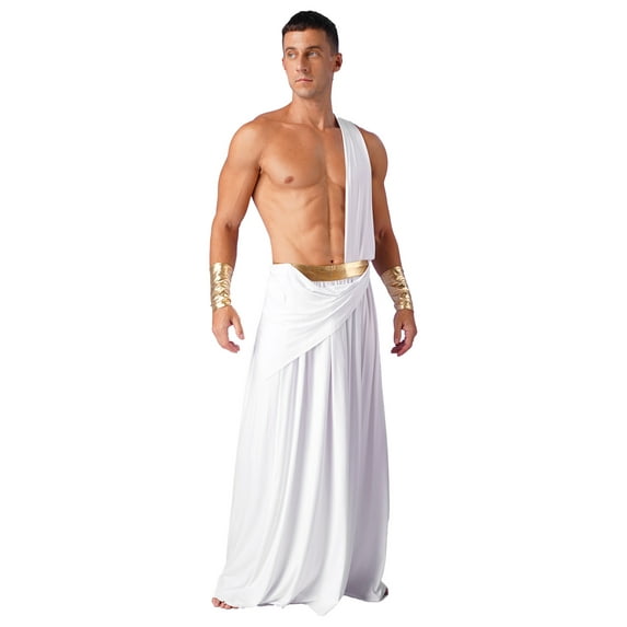 Sxiwei Mens Ancient Greek Warrior Costumes One Shoulder Maxi Skirts Grecian Roman Toga Cosplay White XL
