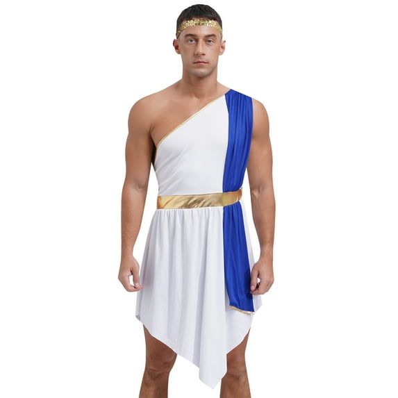 Sxiwei Mens Roman Greek Cosplay Costume Halloween Party Sleeveless Toga Dress Robe with Headwear Blue 3XL